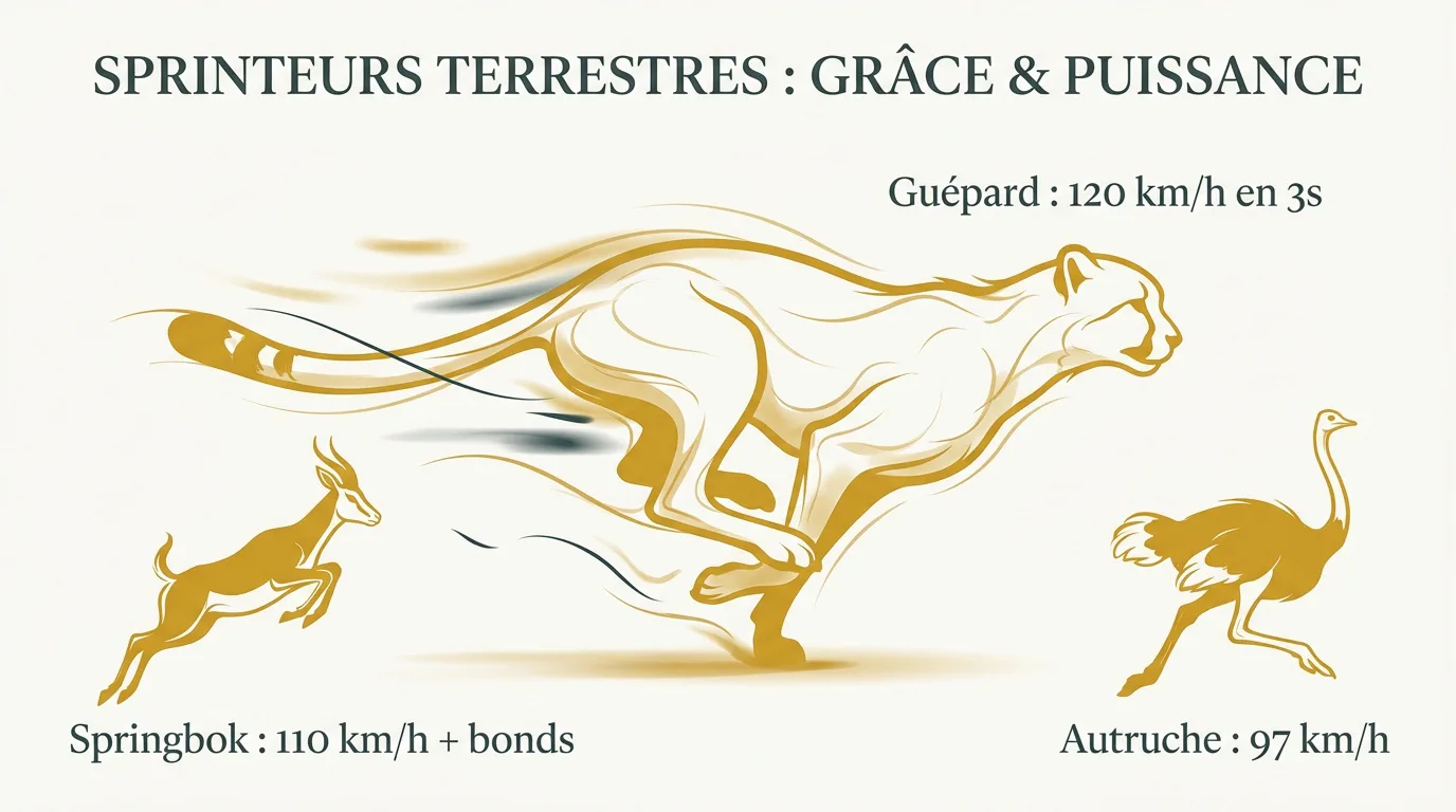 Illustration stylisée d'un guépard, springbok et autruche en course, affichant leurs records de vitesse terrestre.