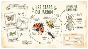 Infographie sur les insectes du jardin. Illustre papillon, libellule, criquet, coccinelle, abeille et fourmi. Anatomie simplifiée d'un insecte.