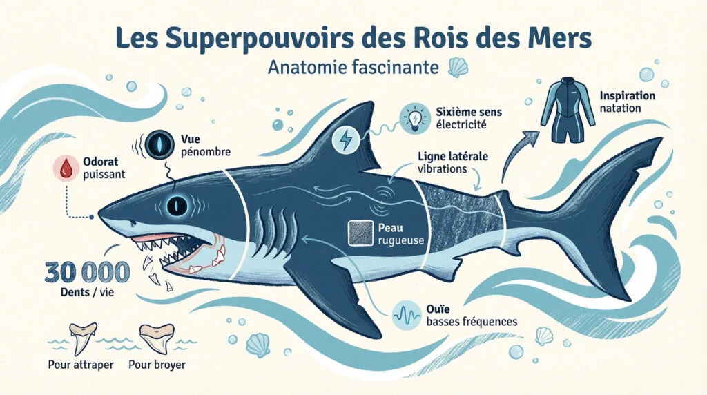 Illustration des capacités anatomiques et des capteurs sensoriels d'un requin dans l'océan
