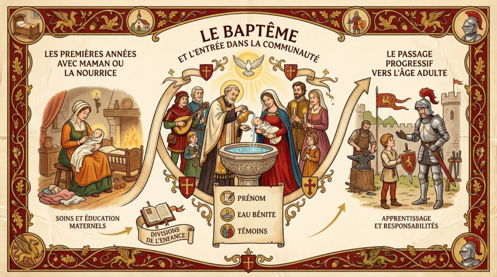 Représentation des trois âges de la vie au Moyen Âge montrant l'évolution de l'enfant vers l'âge adulte