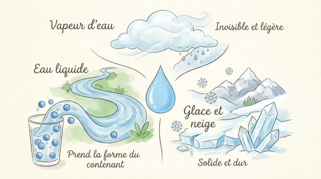 Illustration pédagogique montrant l'eau sous ses formes liquide, solide et gazeuse