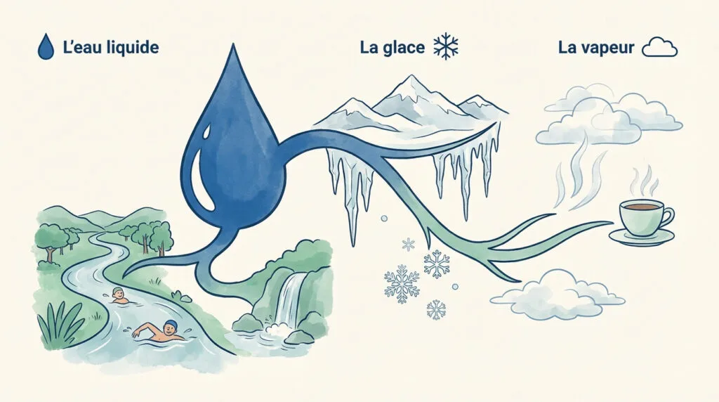 Schéma illustrant les trois états de l'eau : liquide, solide et gazeux pour les enfants