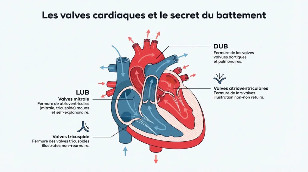 Schéma détaillé des quatre valves cardiaques assurant la circulation du sang