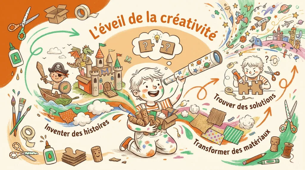 Enfant souriant en train de fabriquer un objet avec du carton et de la peinture