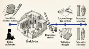 Frise chronologique illustrant l'histoire des premières écoles, de Sumer à l'Antiquité, avec scribes, tablettes, et discipline.