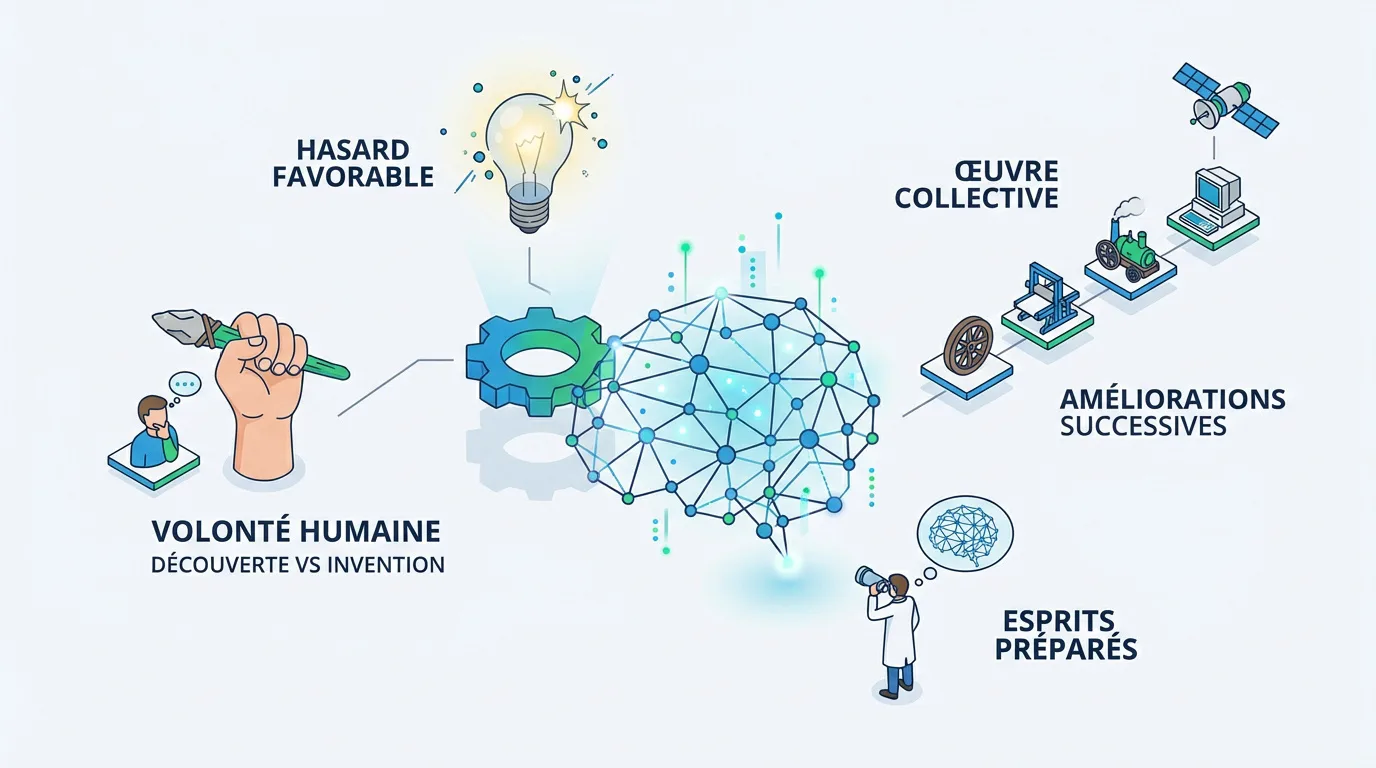 Infographie illustrant les facteurs clés des inventions: volonté humaine, hasard favorable, intelligence collective et progrès techniques.