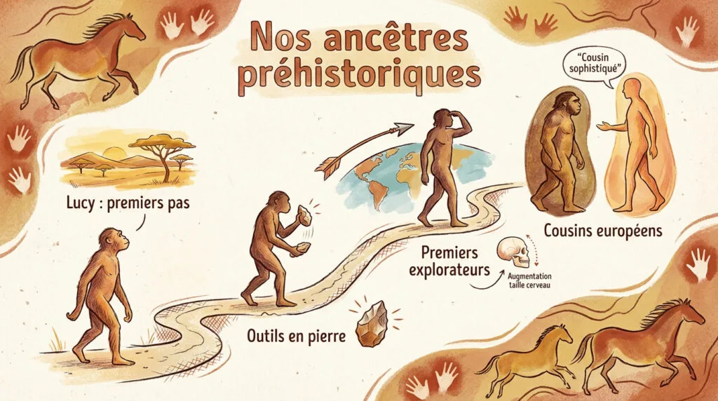 Illustration de l'évolution des hominidés de la Préhistoire