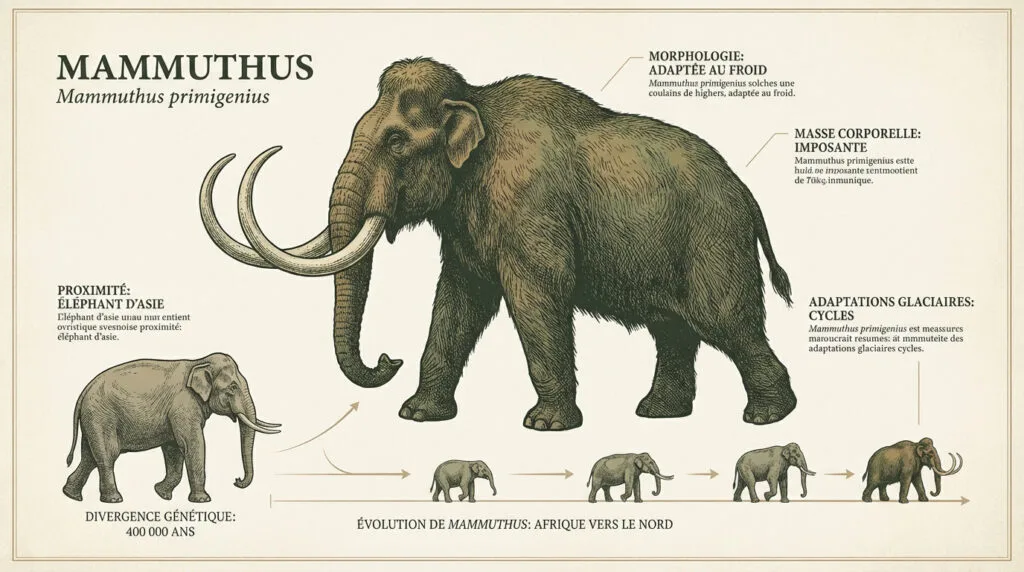 Illustration de l'évolution du mammouth laineux dans son environnement glaciaire