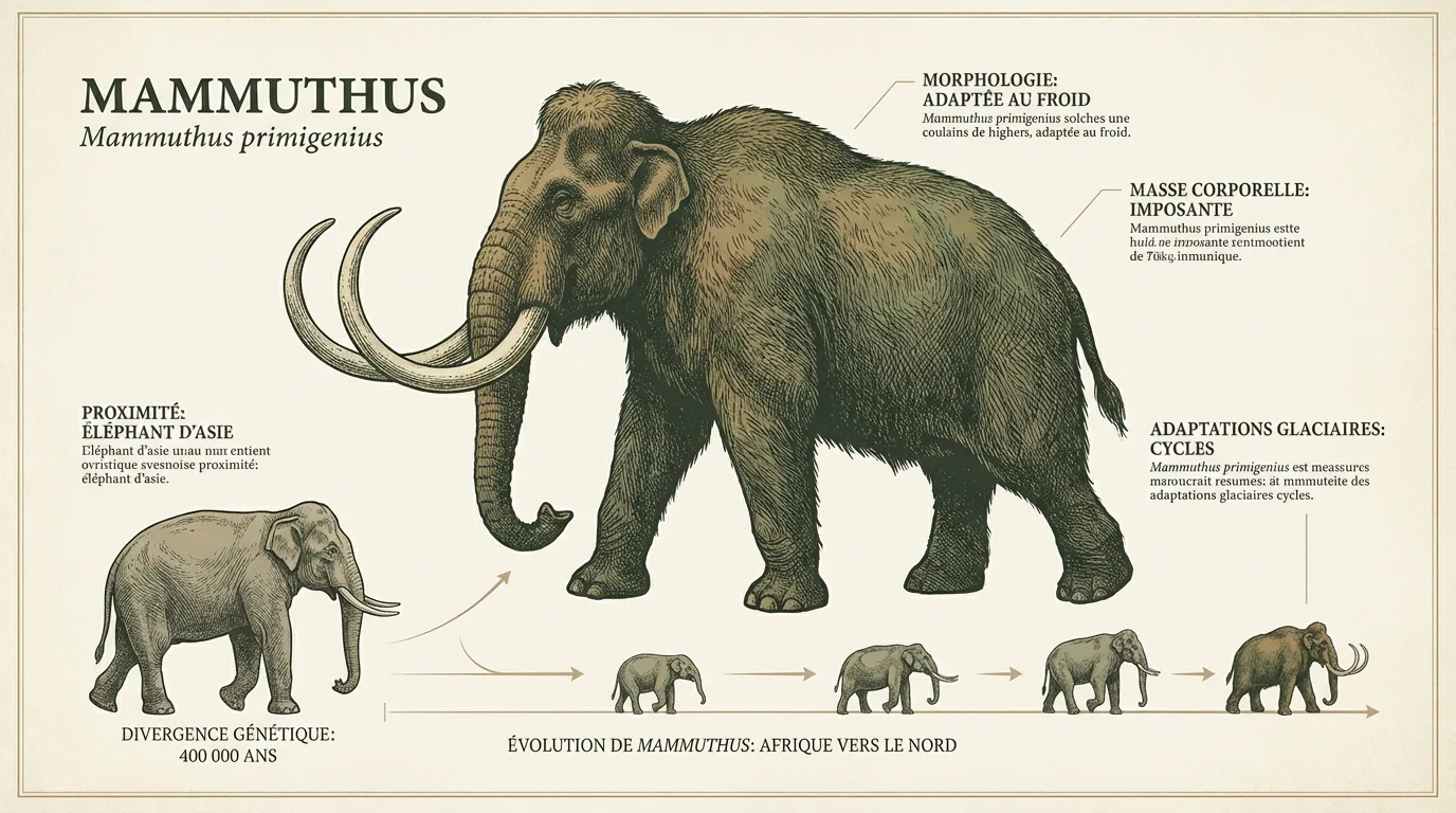 Infographie détaillée du mammouth laineux, illustrant son évolution depuis l'éléphant d'Asie et ses adaptations au climat froid.