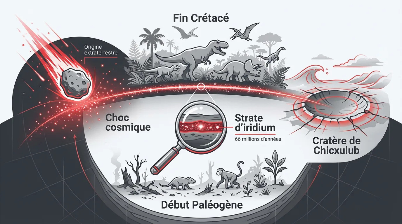 Infographie détaillée sur l'extinction des dinosaures: impact d'astéroïde, cratère de Chicxulub, couche d'iridium, et ères géologiques.