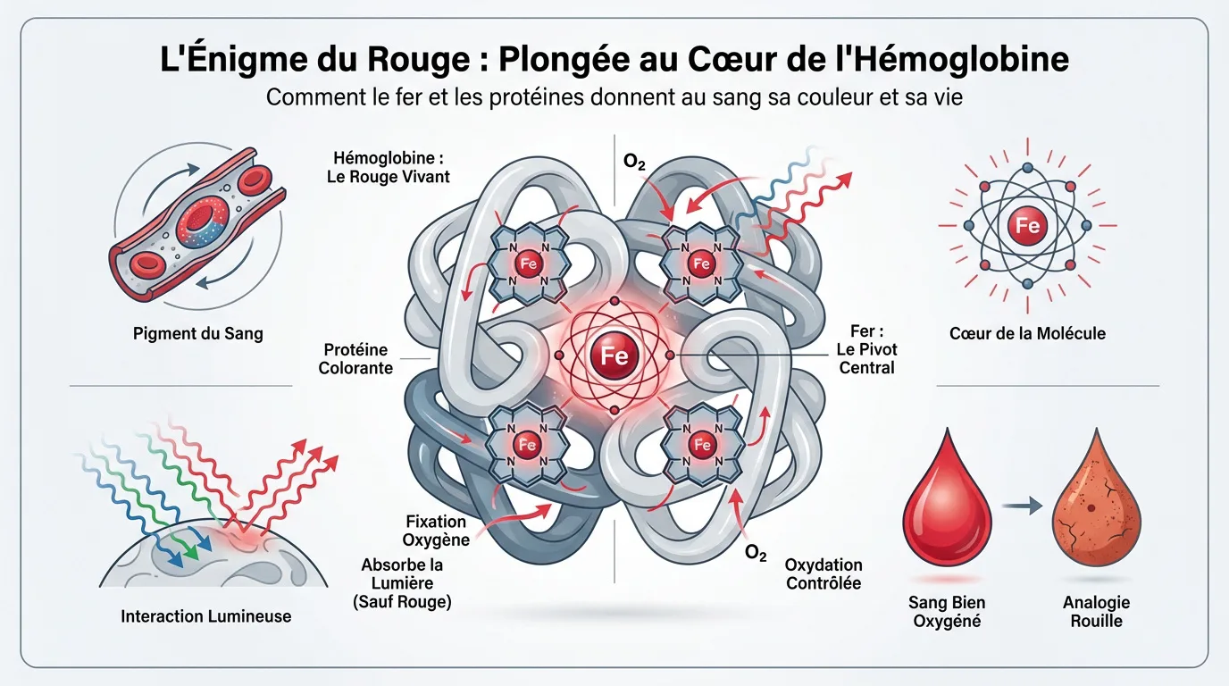 Infographie expliquant la couleur rouge du sang, détaillant l'hémoglobine, le fer, l'oxygénation et l'interaction lumineuse.
