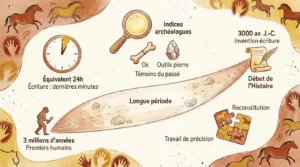 Illustration pédagogique de la Préhistoire, sa durée, les premiers hommes, les découvertes archéologiques et l'invention de l'écriture.