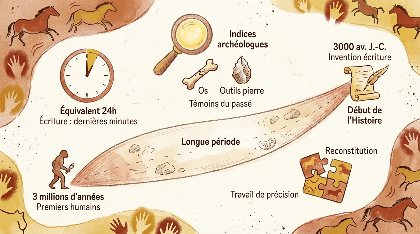 Illustration pédagogique de la Préhistoire, sa durée, les premiers hommes, les découvertes archéologiques et l'invention de l'écriture.