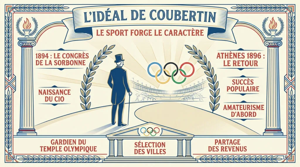 Portrait de Pierre de Coubertin et symboles de la renaissance des Jeux Olympiques modernes