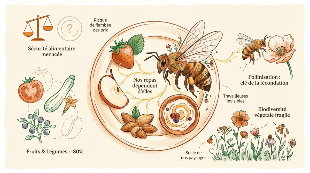 Infographie sur l'importance des abeilles. Elle illustre leur rôle clé pour la sécurité alimentaire (fruits, légumes) et la biodiversité.