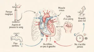 Illustration expliquant le fonctionnement du cœur aux enfants avec des analogies : pompe, poing, flux continu, muscle qui grandit et bat sans arrêt.