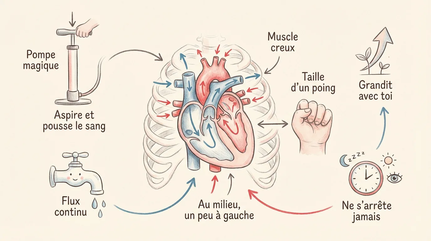 Illustration expliquant le fonctionnement du cœur aux enfants avec des analogies : pompe, poing, flux continu, muscle qui grandit et bat sans arrêt.