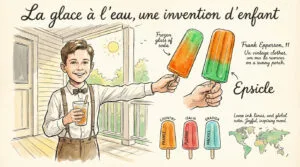 Illustration : garçon souriant sur porche, boissons glacées, bâtonnets de glace colorés. Texte sur l'invention de Frank Epperson et carte du monde.