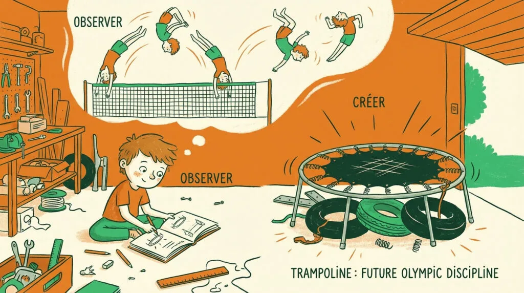 Illustration de l'invention du trampoline par George Nissen inspiré par le cirque