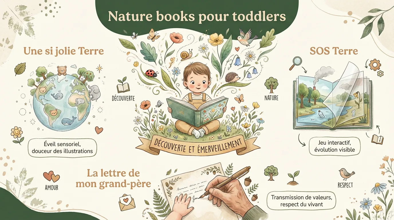 Infographie illustrant une sélection de livres nature pour enfants. Un enfant lit au centre, entouré de scènes sur la Terre, l'écologie et la transmission.