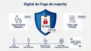 Infographie illustrant l'âge de la majorité numérique (15 ans) et les règles de protection des mineurs en ligne en France, avec calendrier législatif.
