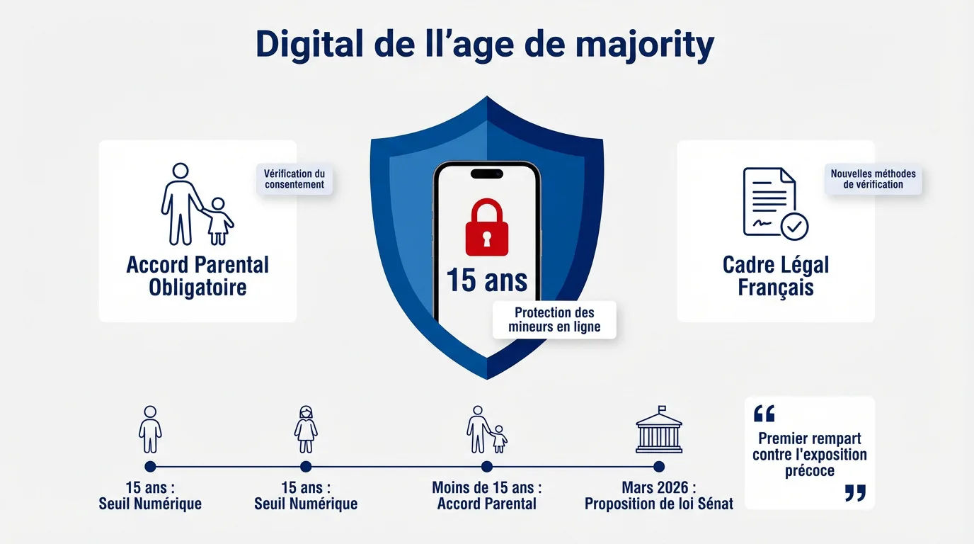 Infographie illustrant l'âge de la majorité numérique (15 ans) et les règles de protection des mineurs en ligne en France, avec calendrier législatif.