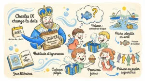 Illustration expliquant l'histoire du Poisson d'avril, de Charles IX aux farces des enfants avec des poissons en papier.