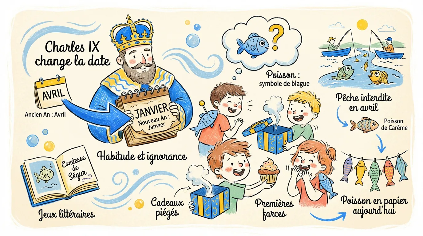 Illustration expliquant l'histoire du Poisson d'avril, de Charles IX aux farces des enfants avec des poissons en papier.