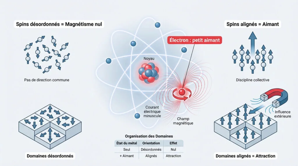 Représentation schématique des spins d'électrons et de l'alignement magnétique dans un atome