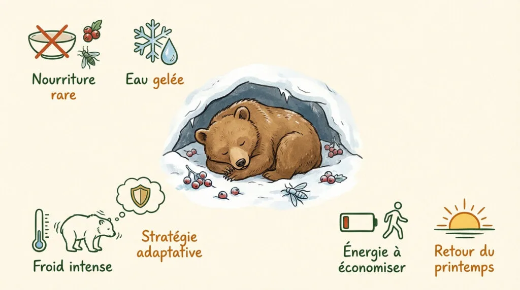 Un ours brun se préparant pour son sommeil hivernal dans une forêt enneigée