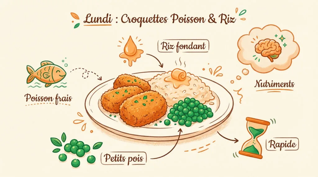 Assiette de croquettes de poisson dorées avec du riz et des petits pois