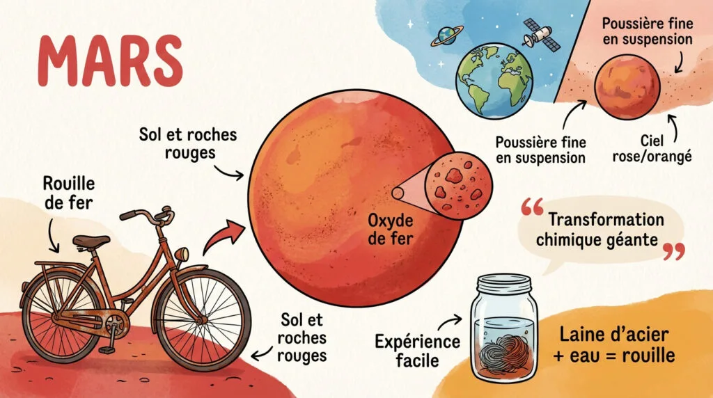 La planète Mars vue de l'espace montrant sa surface rouge et son atmosphère fine