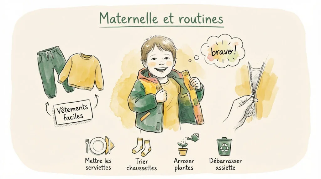 Enfant en maternelle apprenant à s'habiller seul pour développer son autonomie