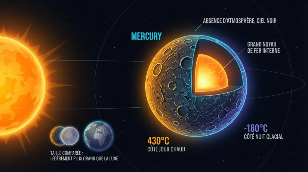 Surface cratérisée de la planète Mercure montrant son relief tourmenté