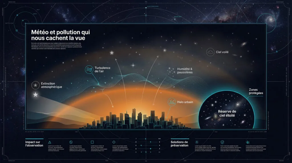Ciel étoilé perturbé par la pollution lumineuse urbaine et les nuages
