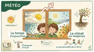 Illustration pour enfants expliquant la différence entre météo (changeante) et climat (long terme) avec deux garçons regardant par une fenêtre.