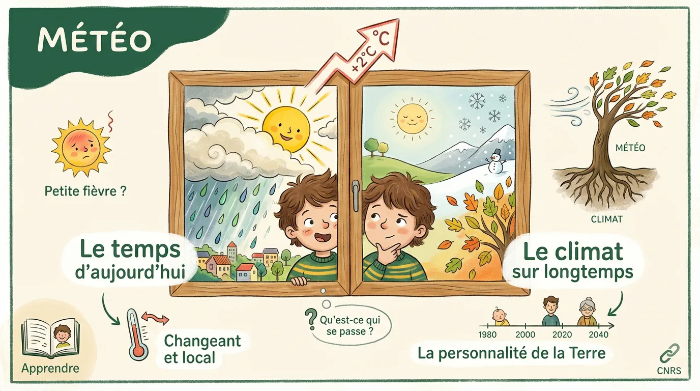 Illustration pour enfants expliquant la différence entre météo (changeante) et climat (long terme) avec deux garçons regardant par une fenêtre.