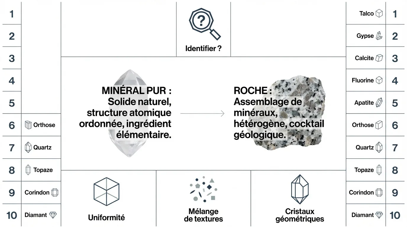Diagramme comparant minéraux et roches : définitions, illustrations (cristal, roche), et liste de 10 minéraux (Talc, Quartz, Diamant).