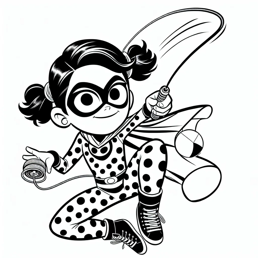 Coloriage Ladybug en plein saut avec son yo-yo a imprimer