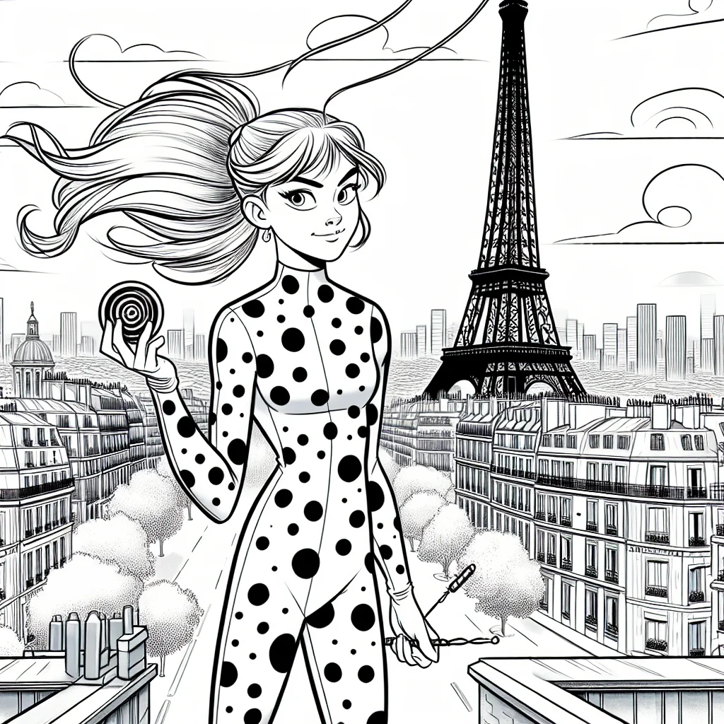 Coloriage Ladybug sur un toit parisien avec la tour Eiffel a imprimer