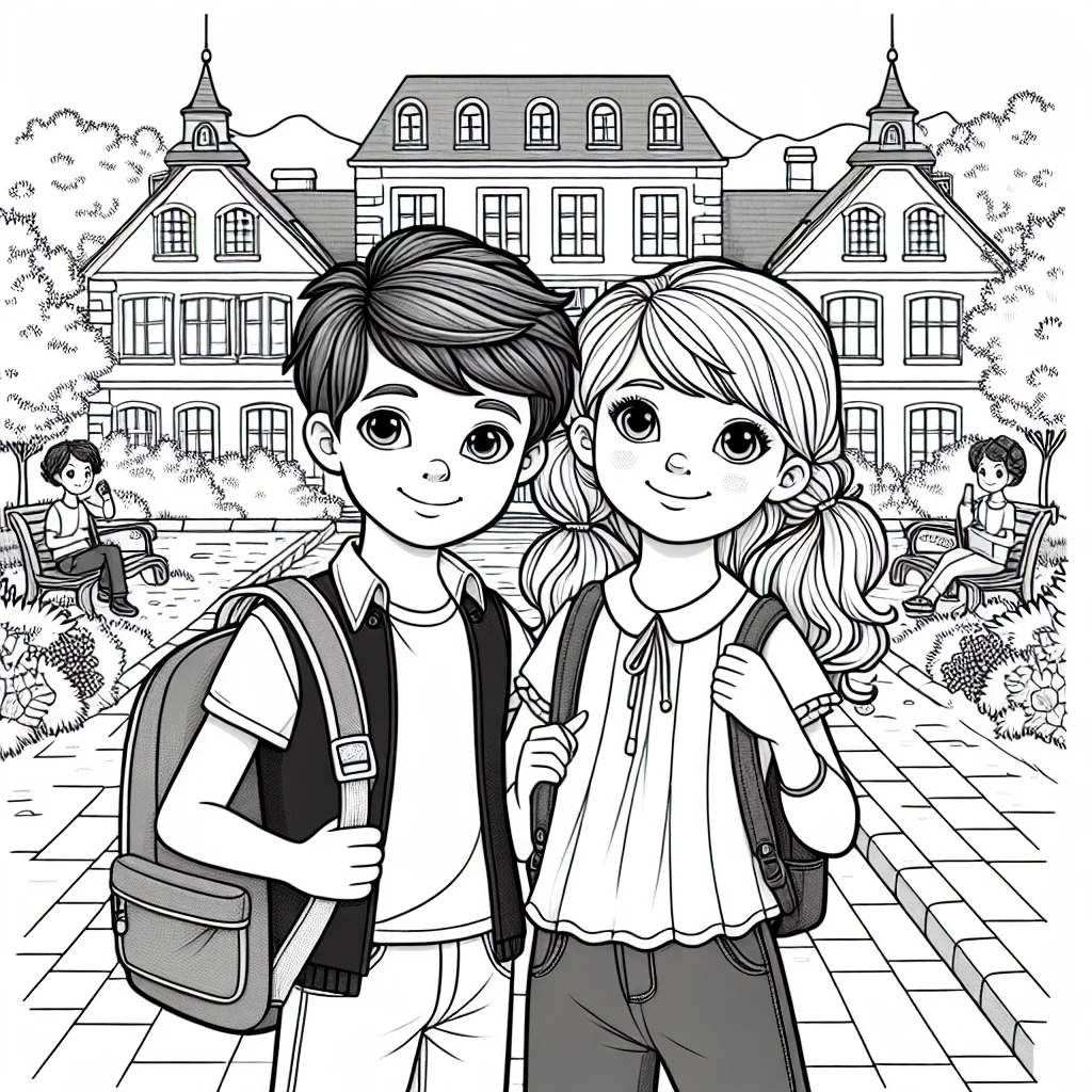 Coloriage Adrien et Marinette devant leur college a imprimer