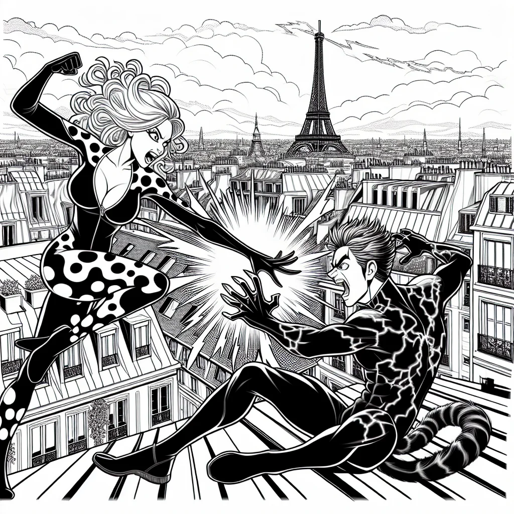 Coloriage scene de combat Ladybug contre un villain sur les toits de Paris a imprimer
