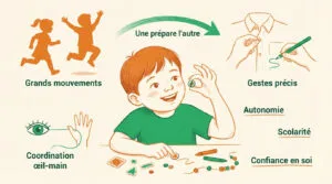 Illustration didactique sur le lien entre motricité globale, gestes fins, coordination œil-main et leurs bénéfices chez l'enfant.