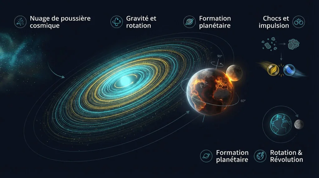 Illustration de la formation de la Terre à partir d'un disque de poussière spatiale