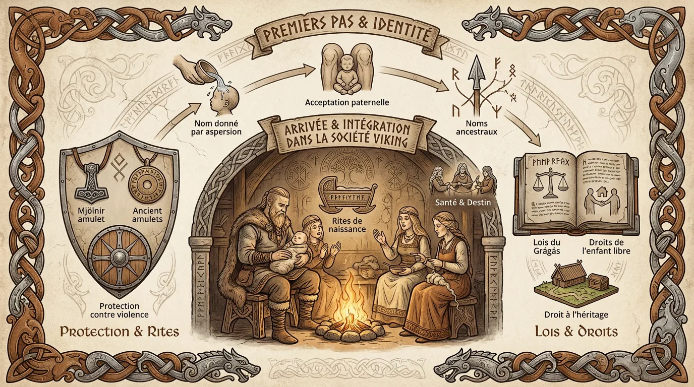 Infographie illustrant la vie de l'enfant viking : rituels de naissance, nom, protection, lois et droits, avec cadre décoratif nordique.