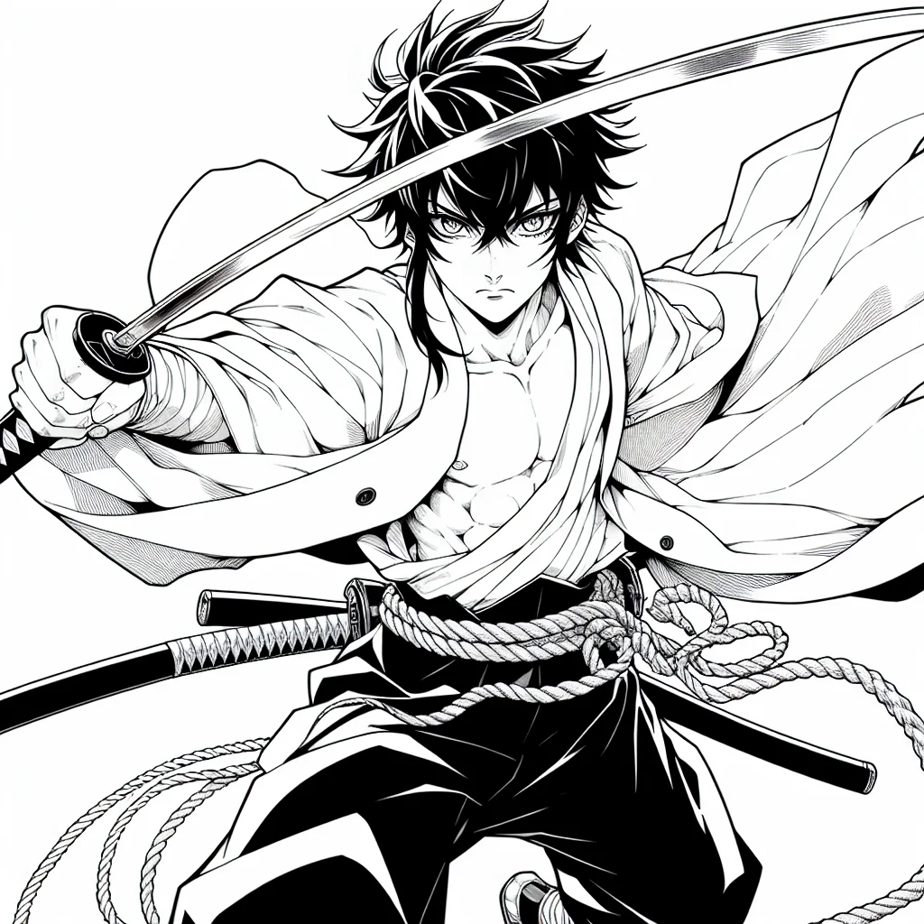 Coloriage Sasuke avec son katana en position de combat a imprimer