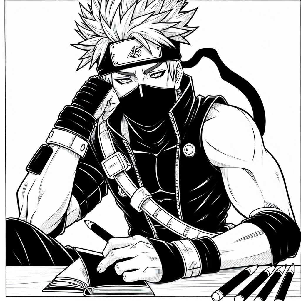 Coloriage Kakashi sensei lisant son livre avec masque et bandeau a imprimer