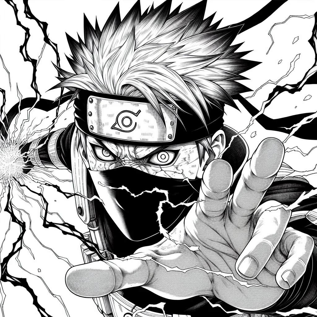 Coloriage Kakashi en combat avec eclair Chidori a imprimer