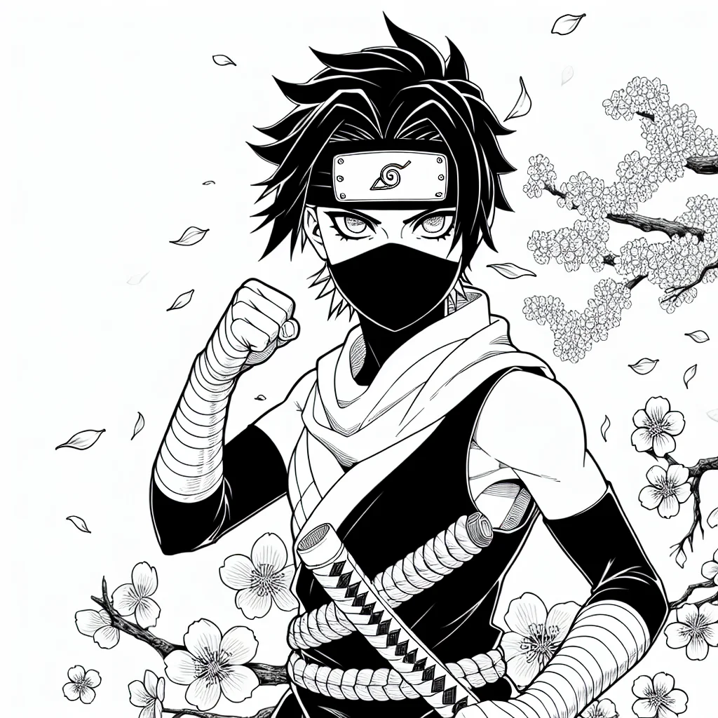 Coloriage Sakura Haruno ninja avec petales de cerisier a imprimer