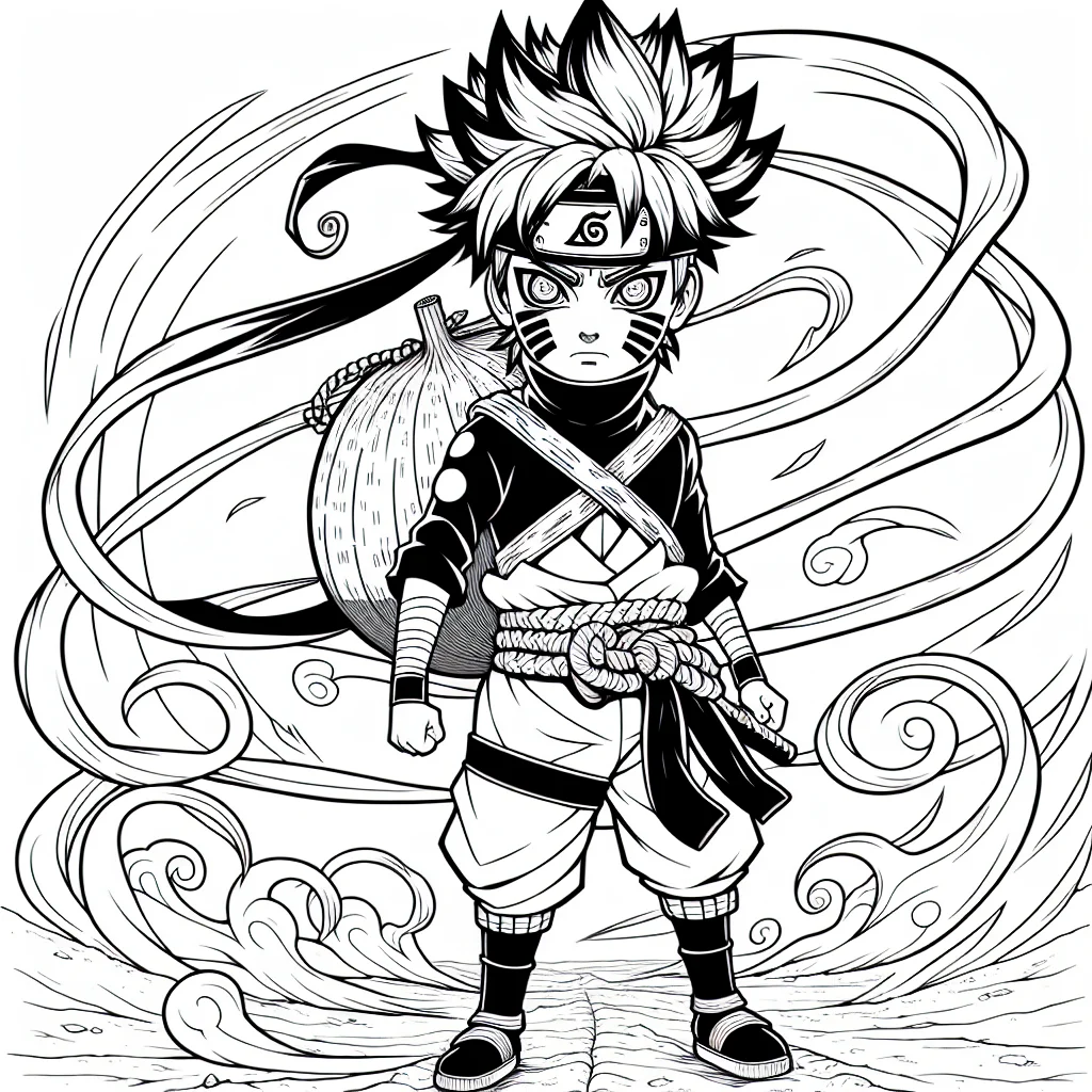 Coloriage Gaara du desert avec sa jarre et tourbillon de sable a imprimer